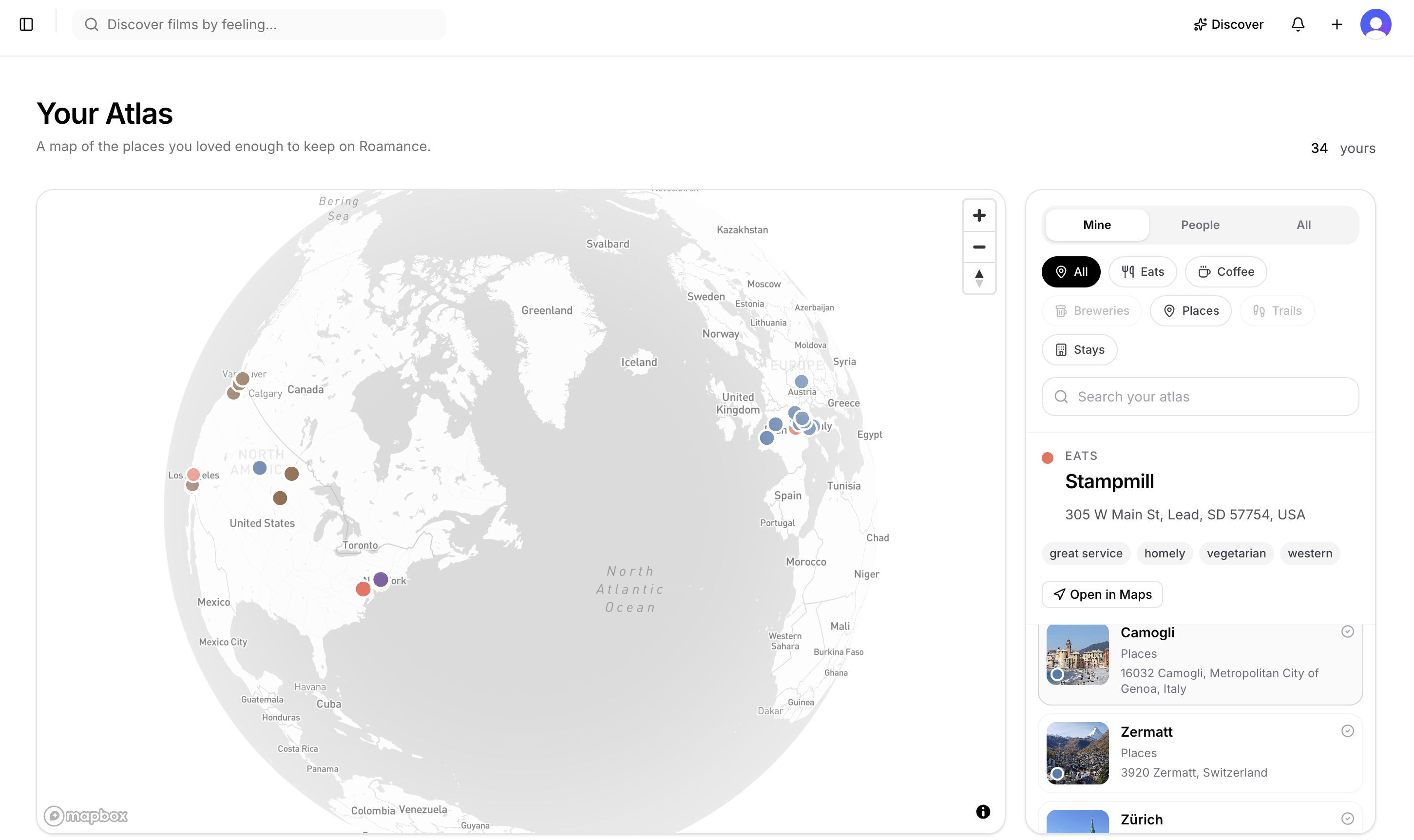 The Roamance Atlas: a globe with saved eats, coffee, places and stays pinned across North America and Europe, alongside a filterable list of experiences