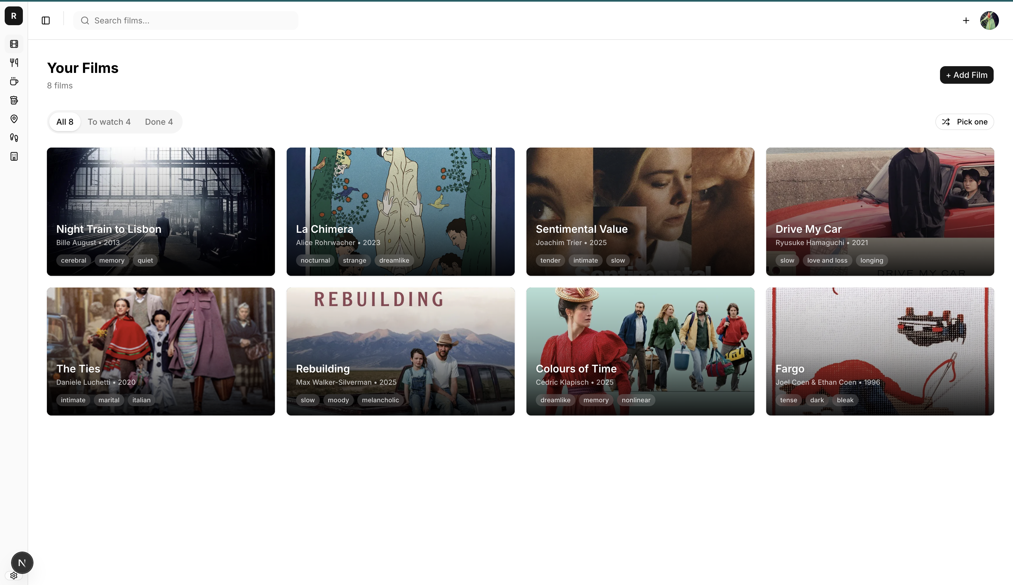 Roamance dashboard showing a collection of saved films